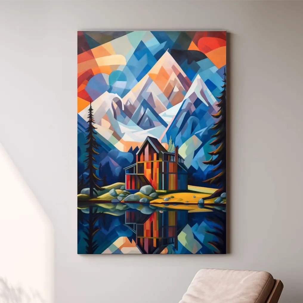 Abstract painting of a cabin by a lake