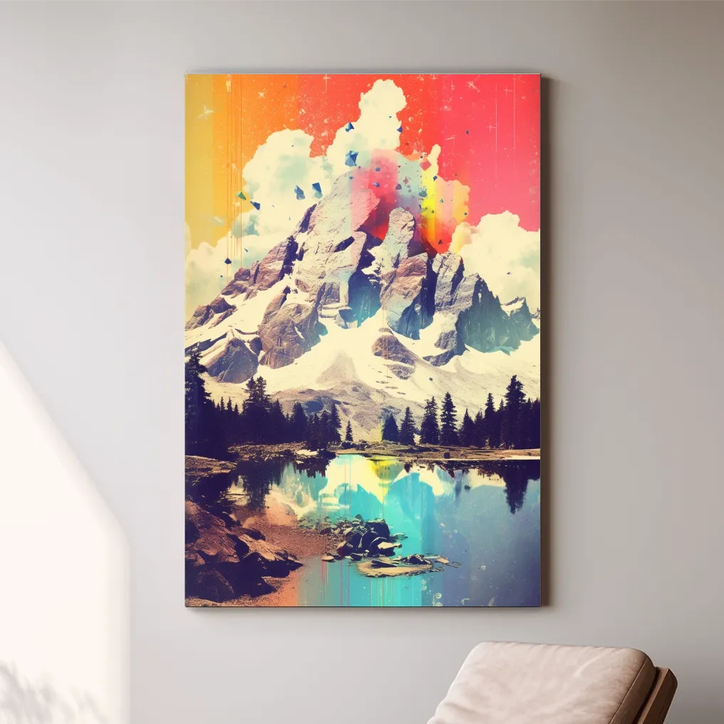 Colourful abstract painting of a mountain and lake