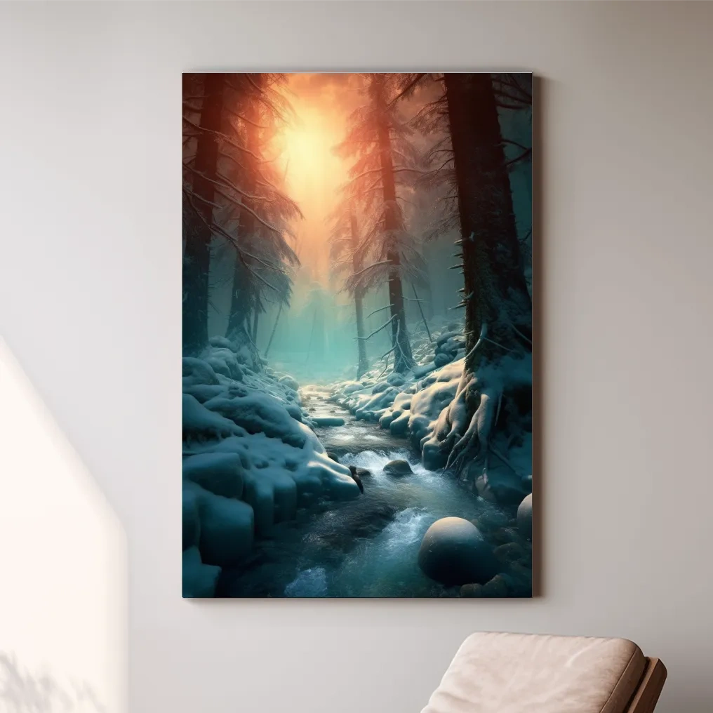 Misty Winter Forest Stream At Sunrise - Photographic Landscape Wall Art