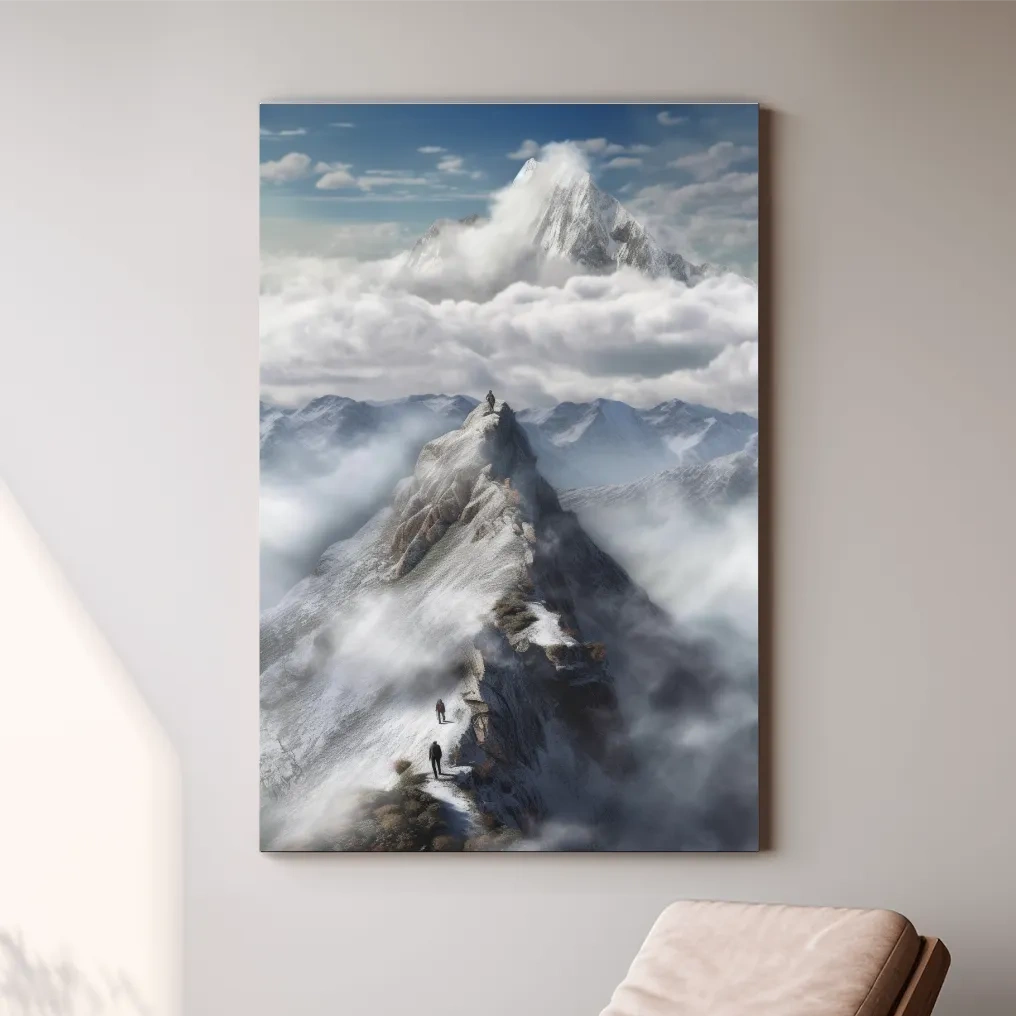 Painting of adventurers hiking up a ridge