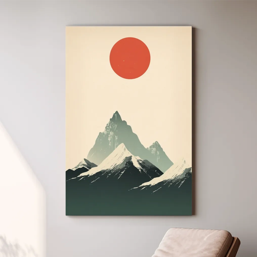 Japandi style minimalistic art of the sun over snow capped mountains
