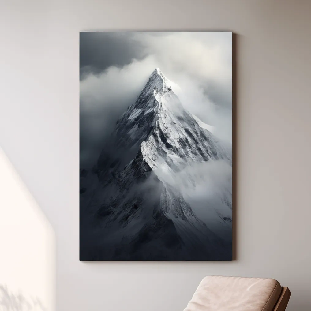 Photographic art, ominous snowy peak in the clouds