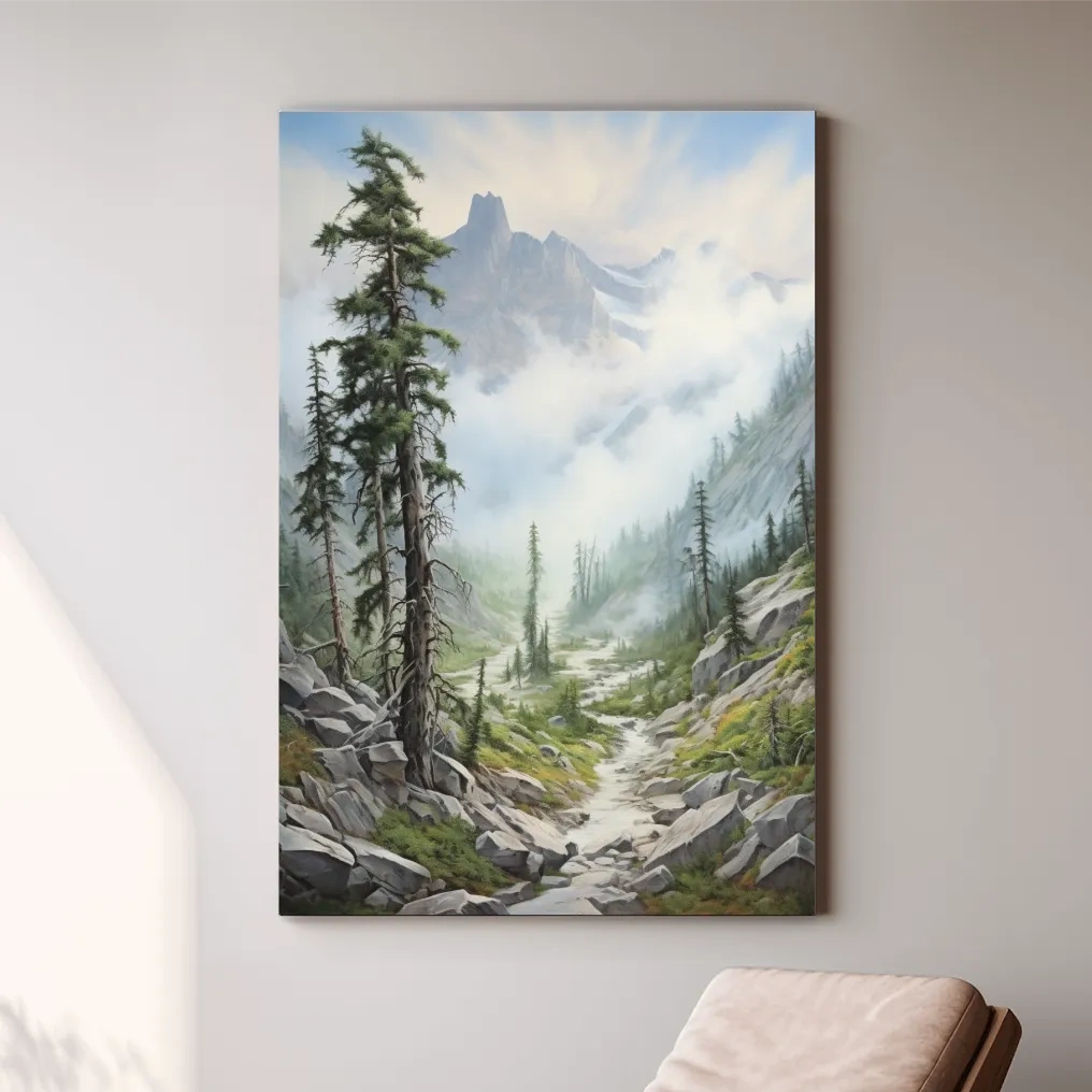 Painting of a trail leading into a foggy alpine scene