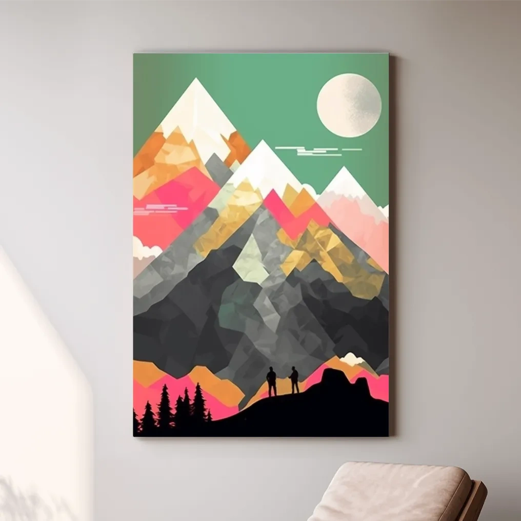 Simple flat colour 2d mountain art, colourful mountain ranges