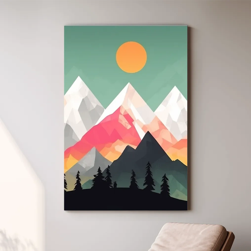 Simple flat colour 2d mountain art, colourful mountain ranges
