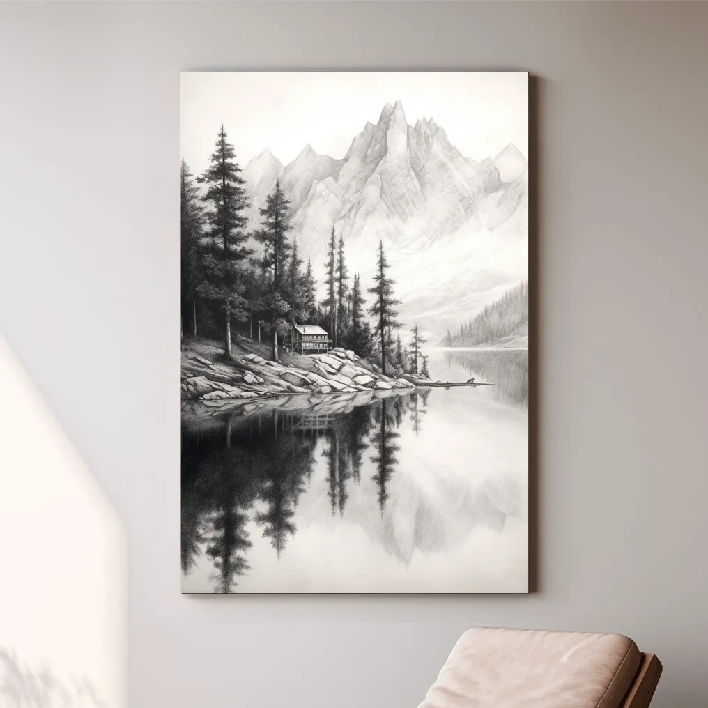 Lead pencil drawing of a cabin by an alpine lake