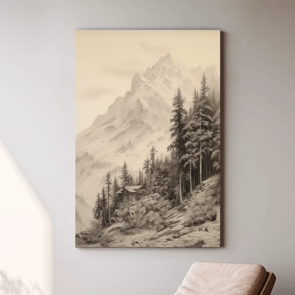 Lead pencil drawing of a cabin by a glacier