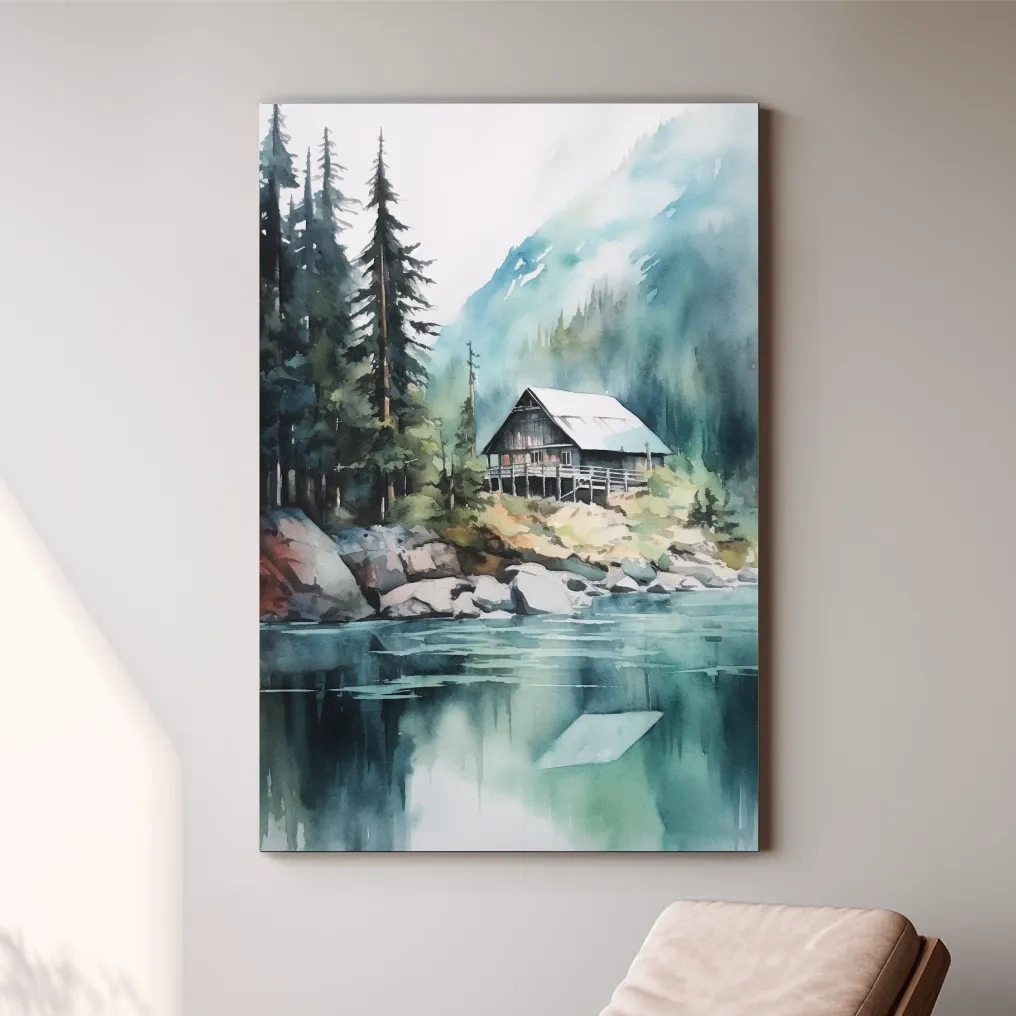 Watercolour painting of a cabin by a lake