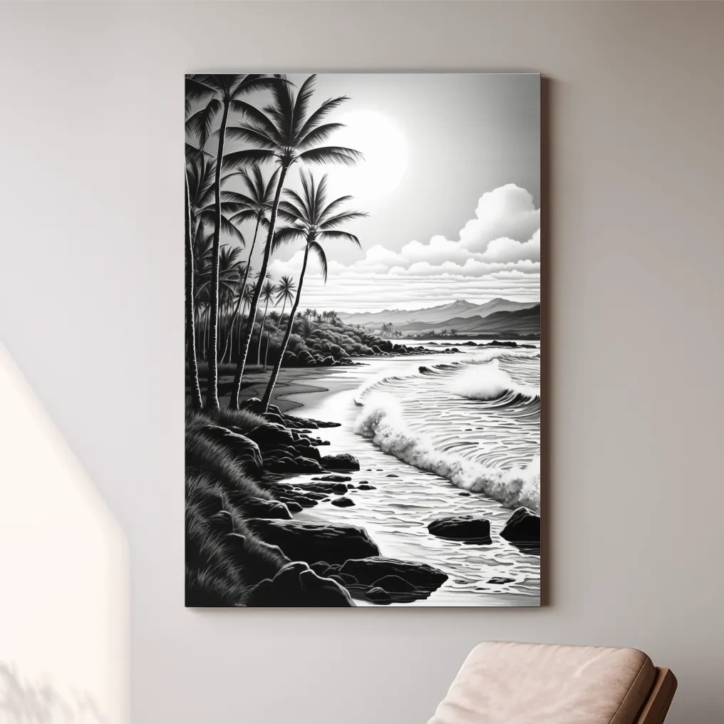 Black and white drawing of a tropical beach mountain scene