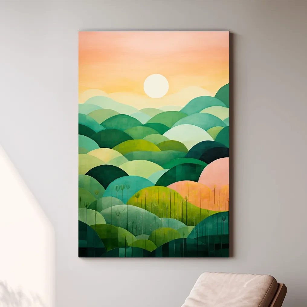 Rolling green abstract hills at sunset