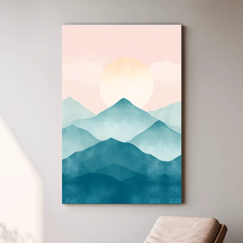 Soft pastel mountain landscape painting, pastel colored wall art