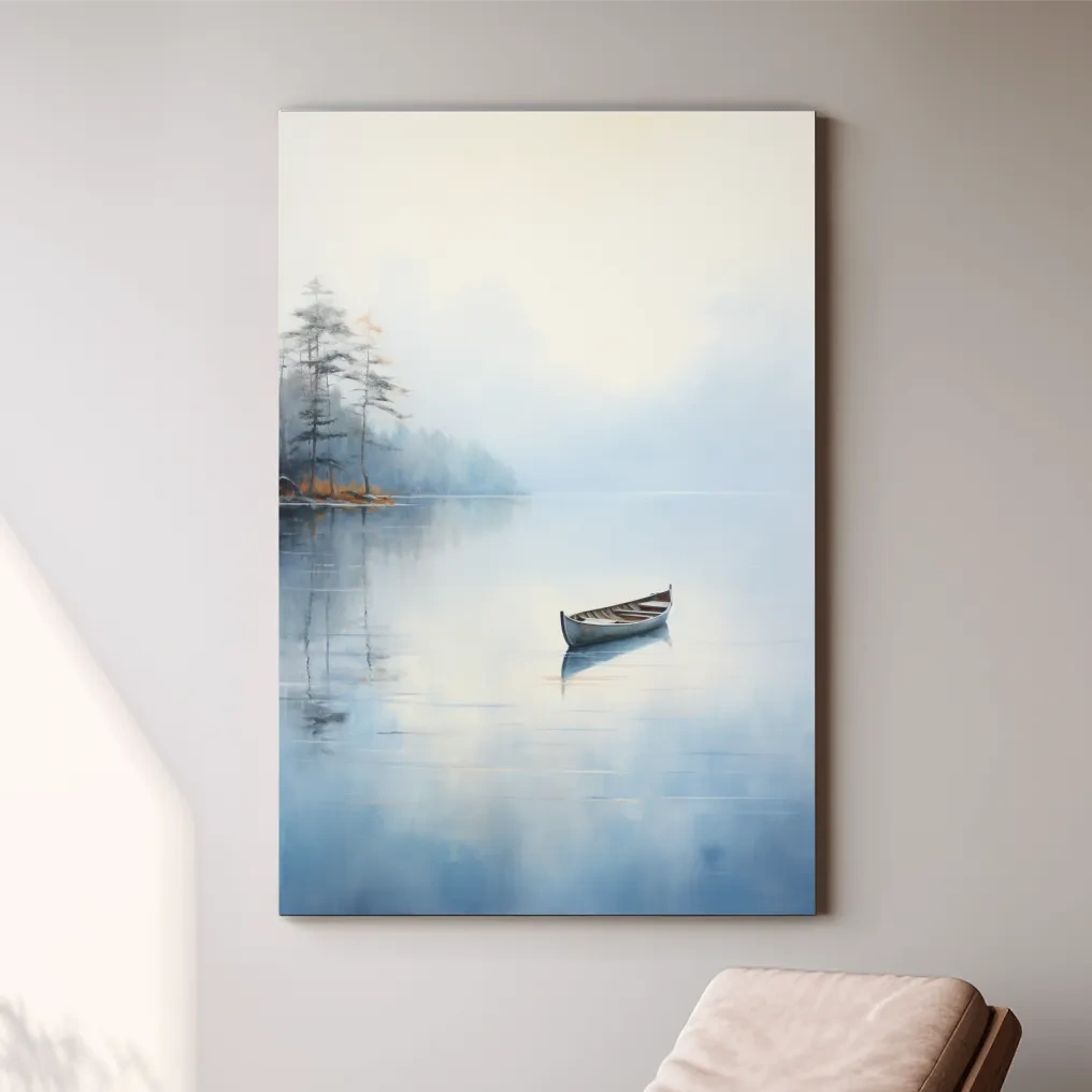 Watercolor painting, canoe on a misty lake