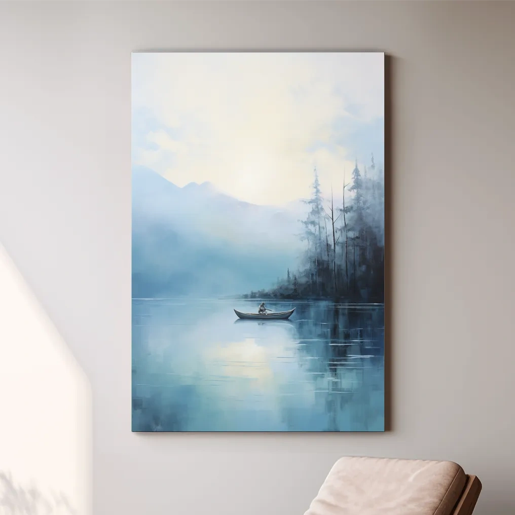 Painting of a fisherman on a torquoise lake