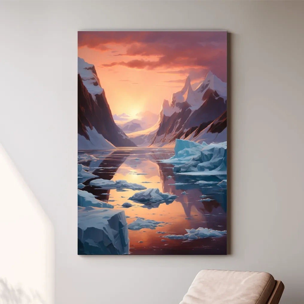 Beautiful surreal painting, sunset over the antarctic ice
