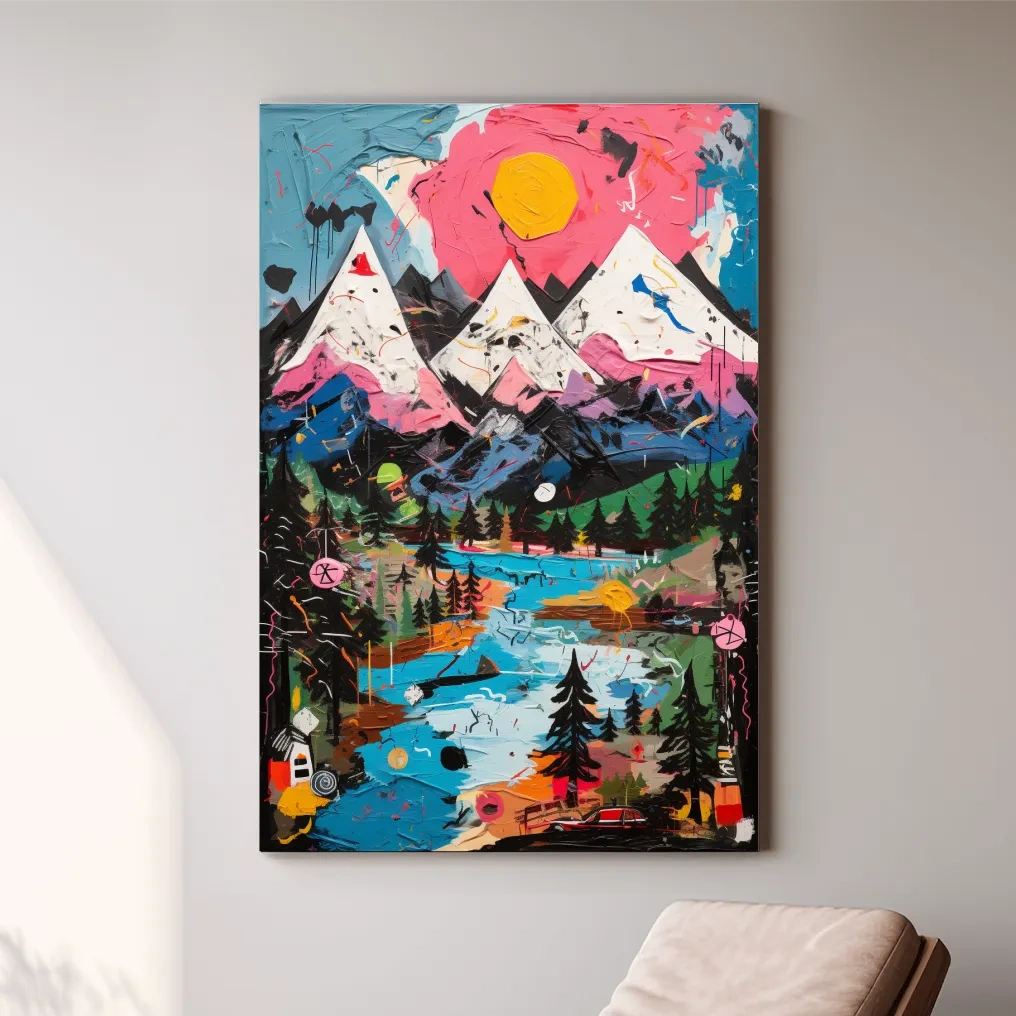 Bold abstract painting of an alpine mountain scene