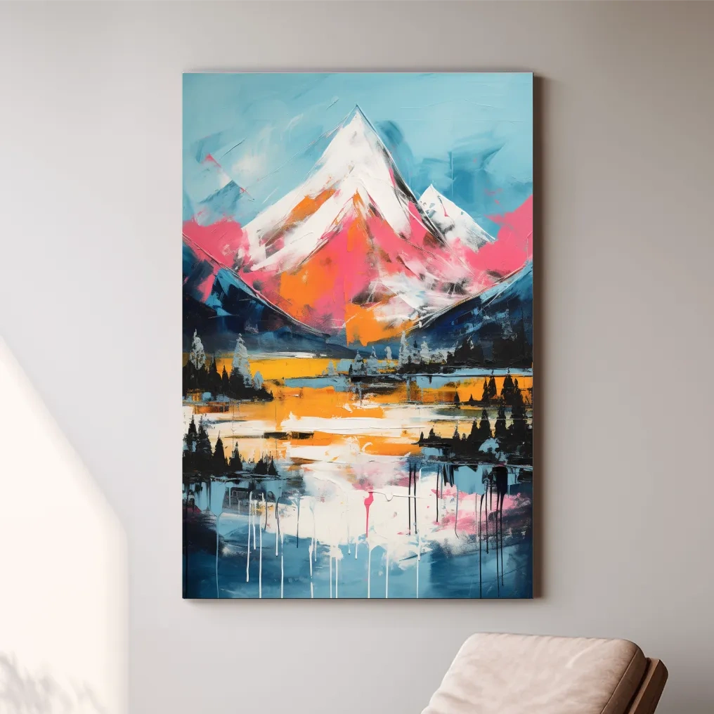 Bright painting of a snow capped mountain