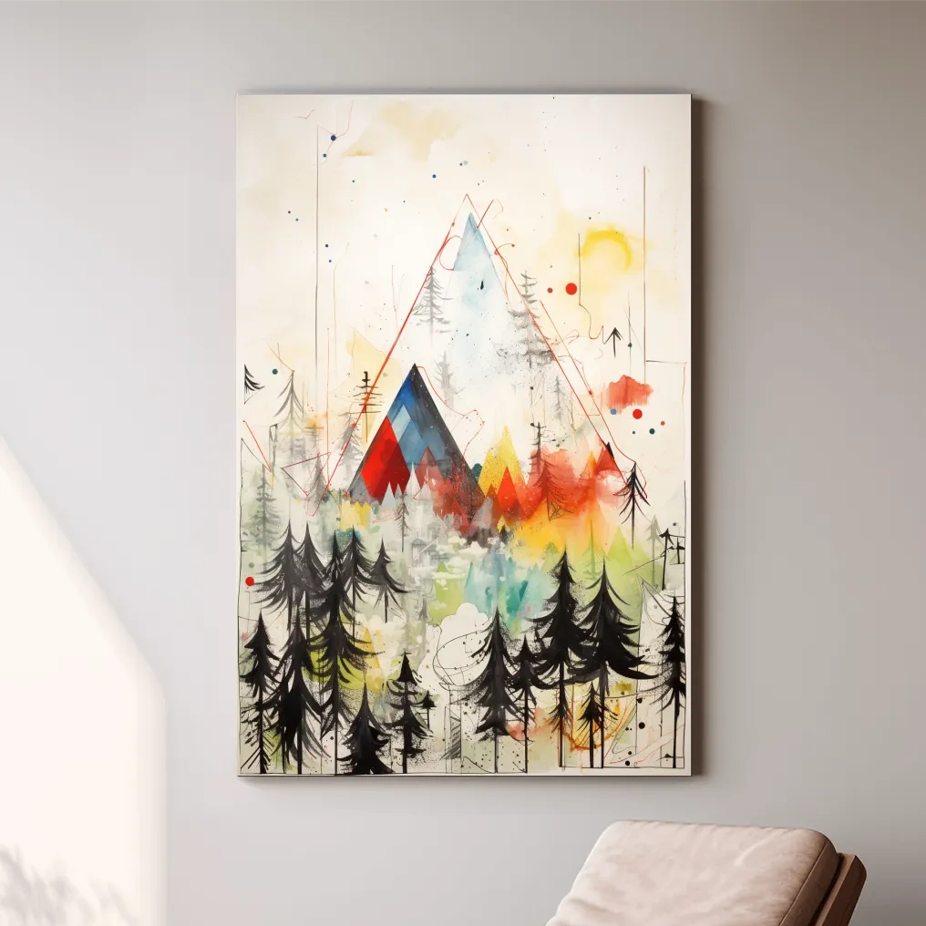 Simple low colour abstract painting, mountains and trees