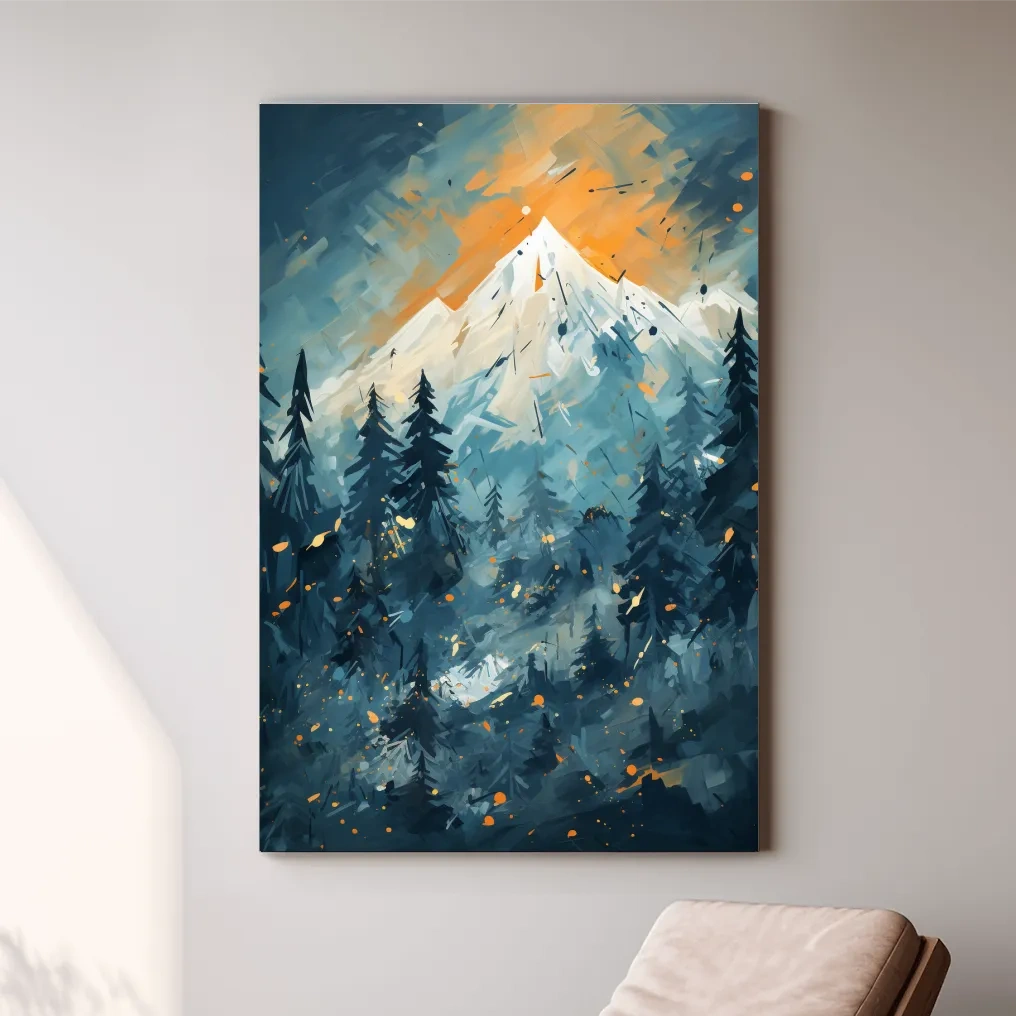 Abstract Snowy Mountain Peak Sunset - Moody Pine Forest Painting Wall Art