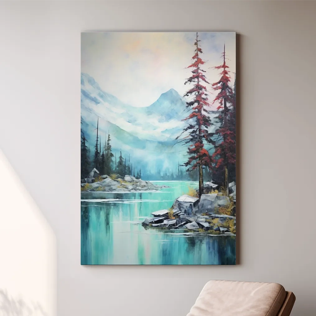 Misty Turquoise Alpine Lake Watercolor - Serene Mountain Landscape Wall Art