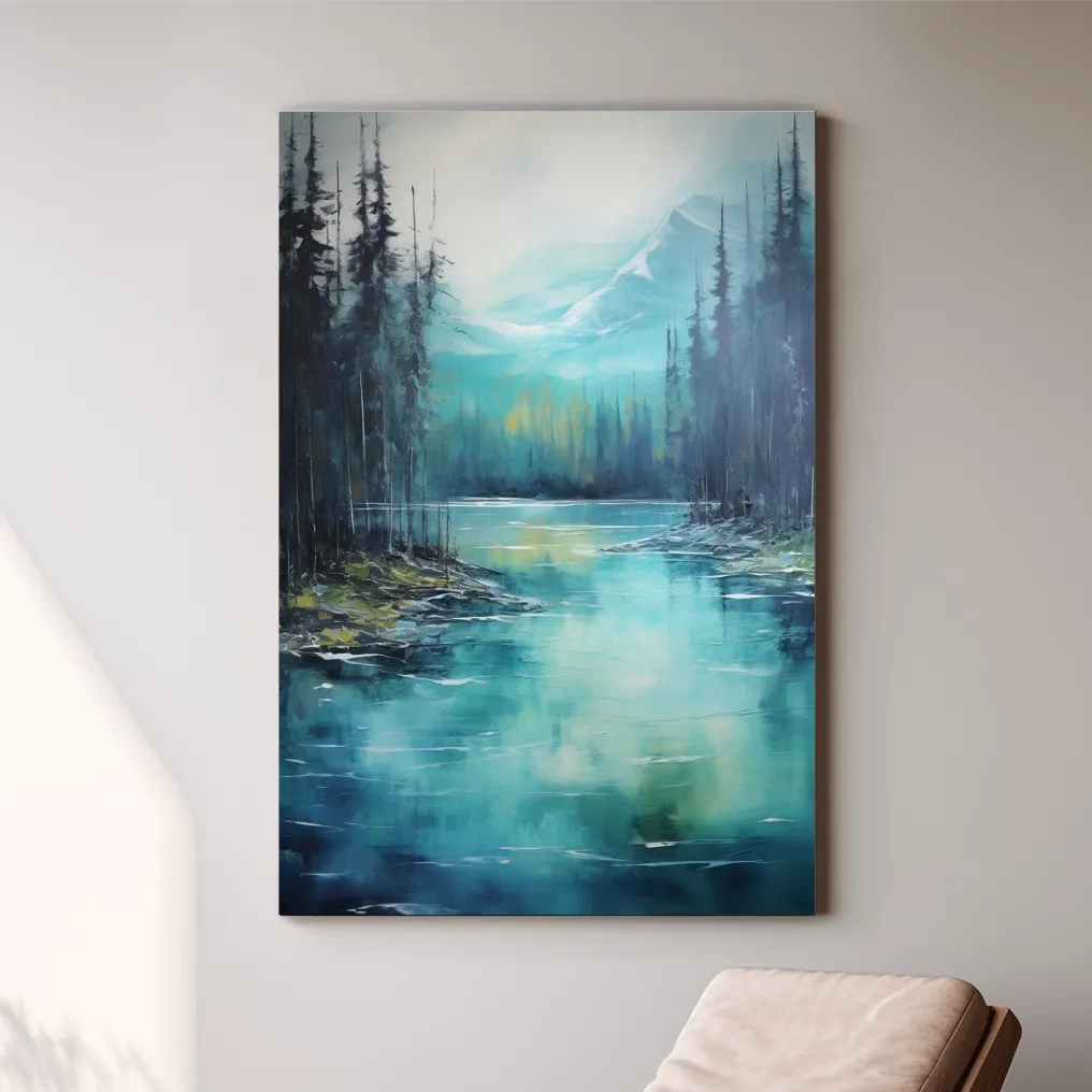 Thick oil painting, trees on a torquoise alpine lake