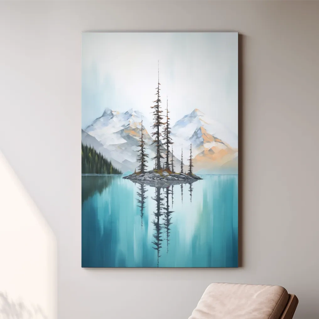 Painting of trees in a turquoise alpine lake