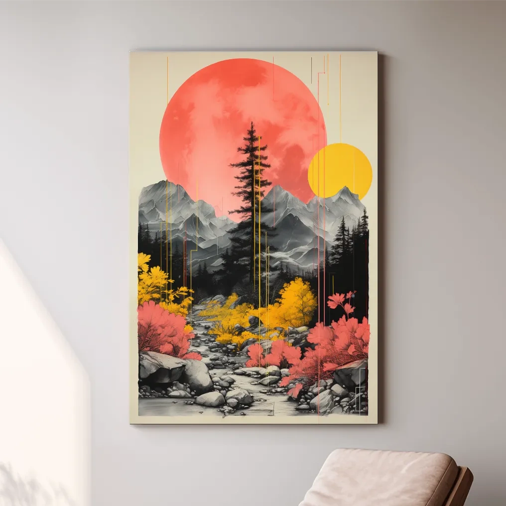 Pink and yellow contrasting artwork, alpine mountain scene
