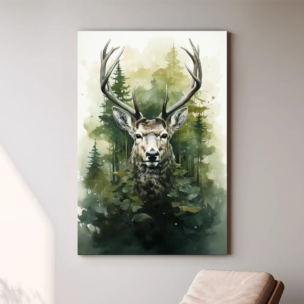 Watercolor Deer Portrait In Misty Pine Forest - Woodland Wildlife Wall Art