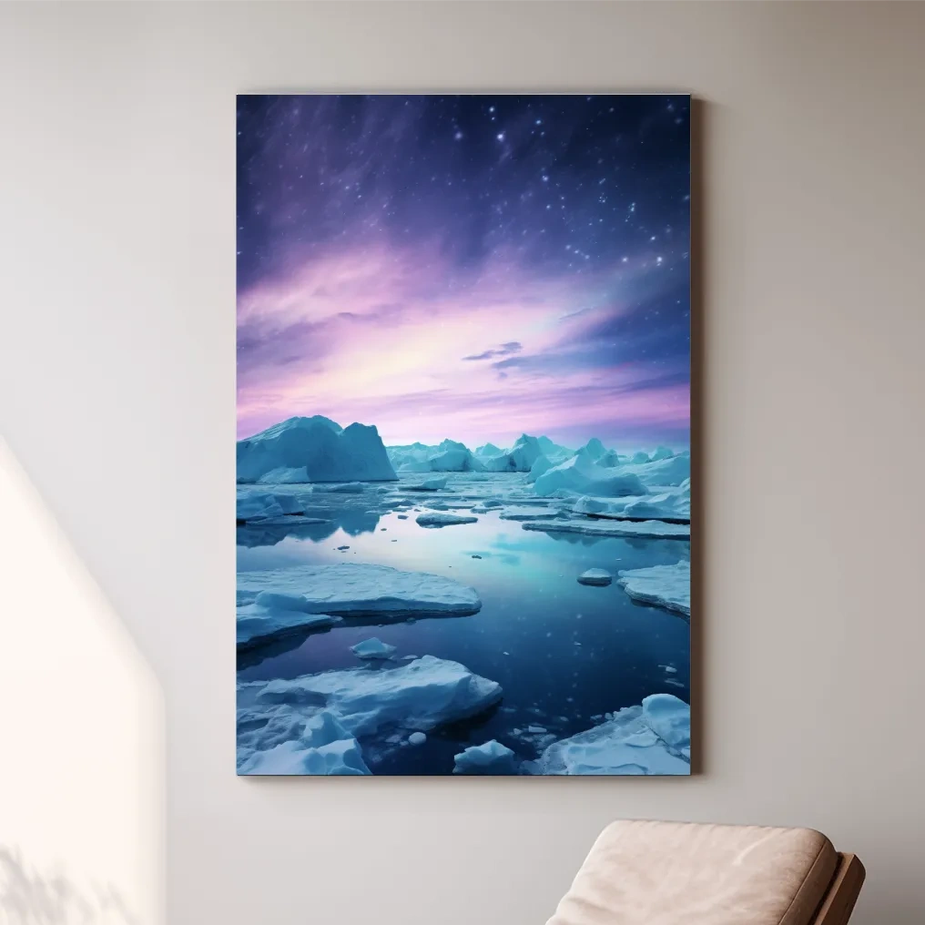 Surreal photography, purple northern lights over the arctic ice