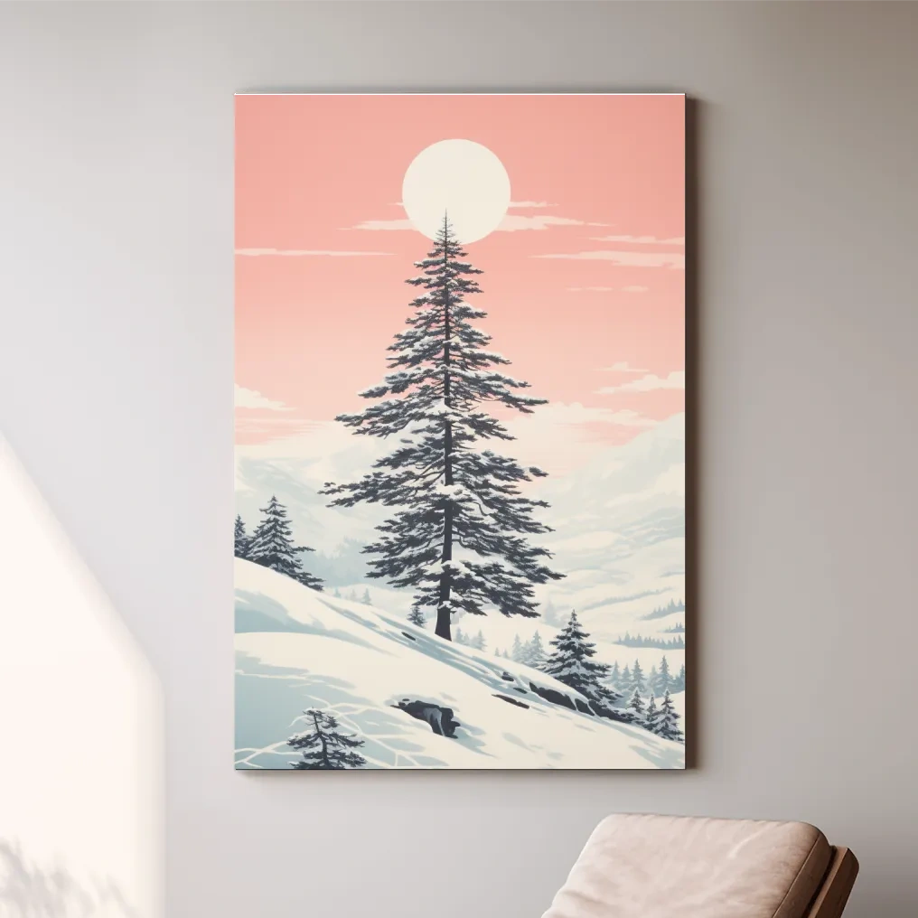 Minimal art, snow covered pine tree at sunset