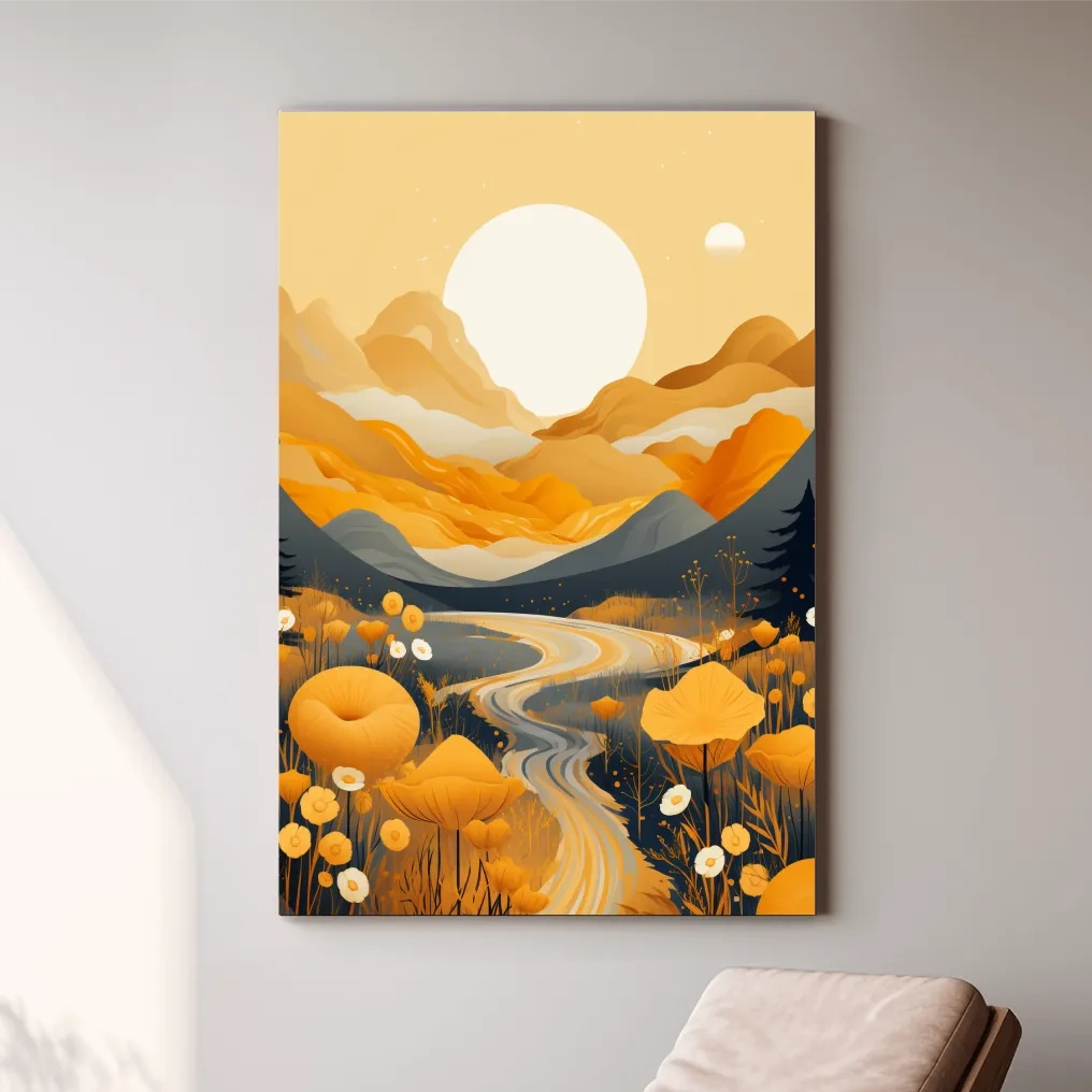 Bright illustration, river running through the meadows