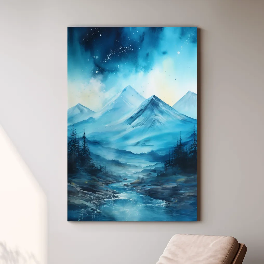Watercolor painting, mountains under the stars