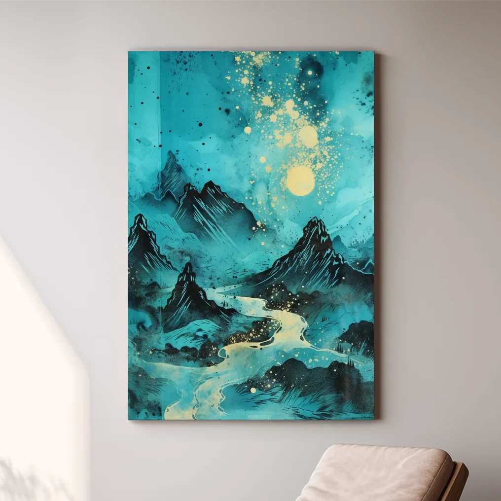 Abstract painting of a river through the mountains