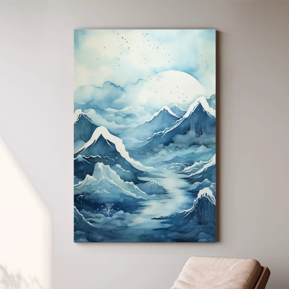 Watercolour painting, subtle blue snowy mountain peaks