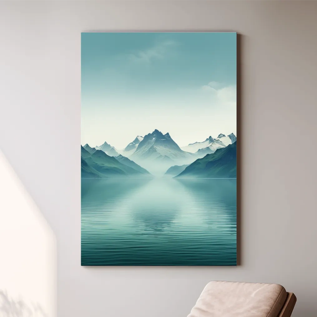Soft, minimal art, mountains by a lake
