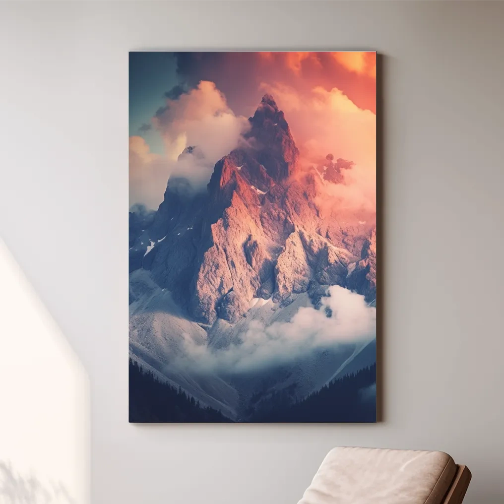 Dramatic mountain peak in colorful clouds, photographic art