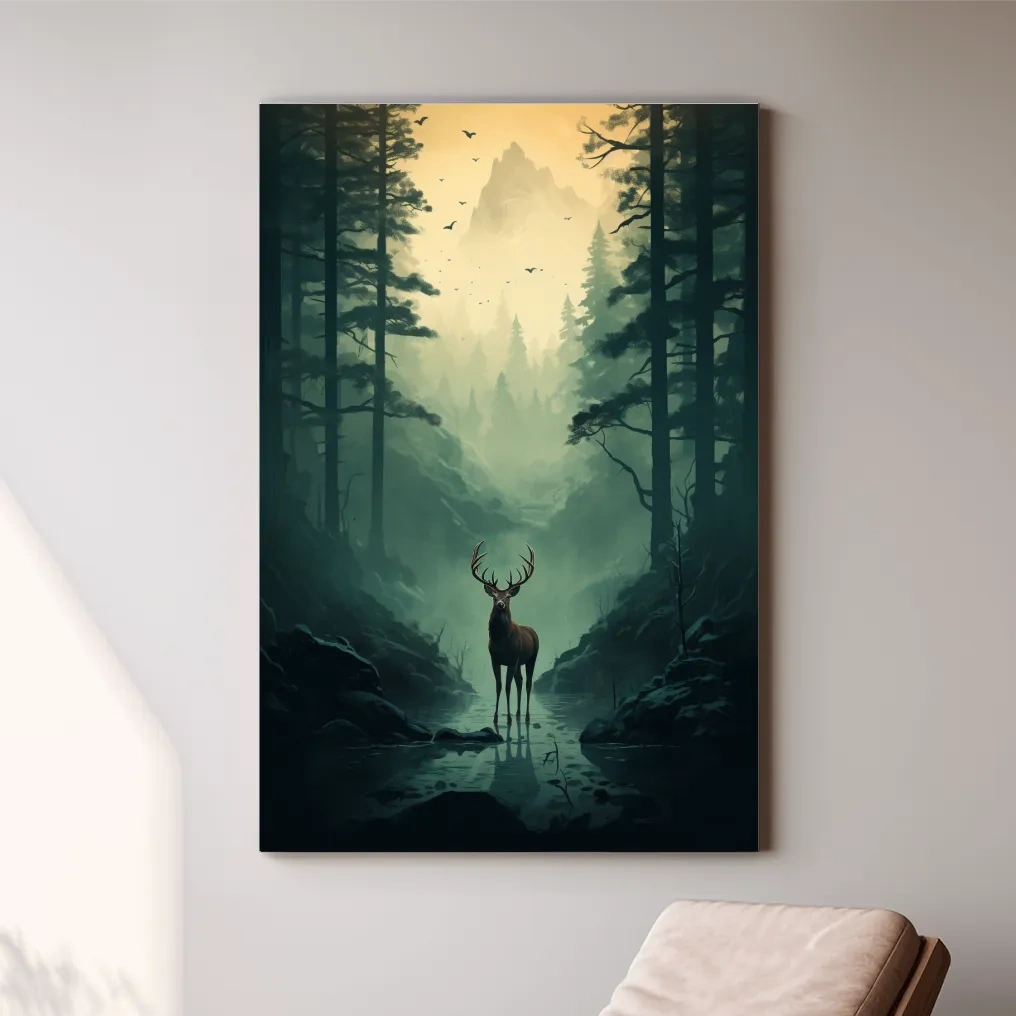 Serene illustration of a deer in a misty forest