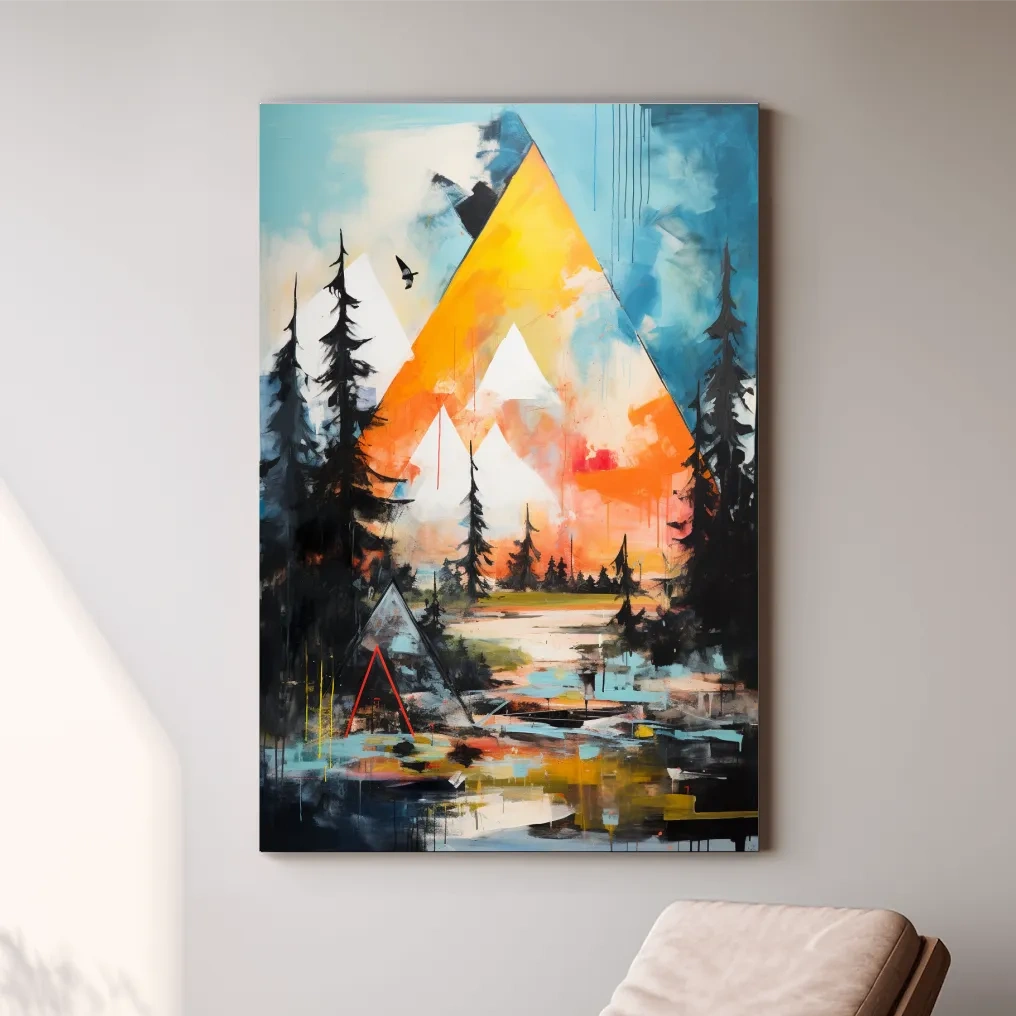 Vibrant Abstract Mountain Painting - Modern Geometric Alpine Forest Wall Art