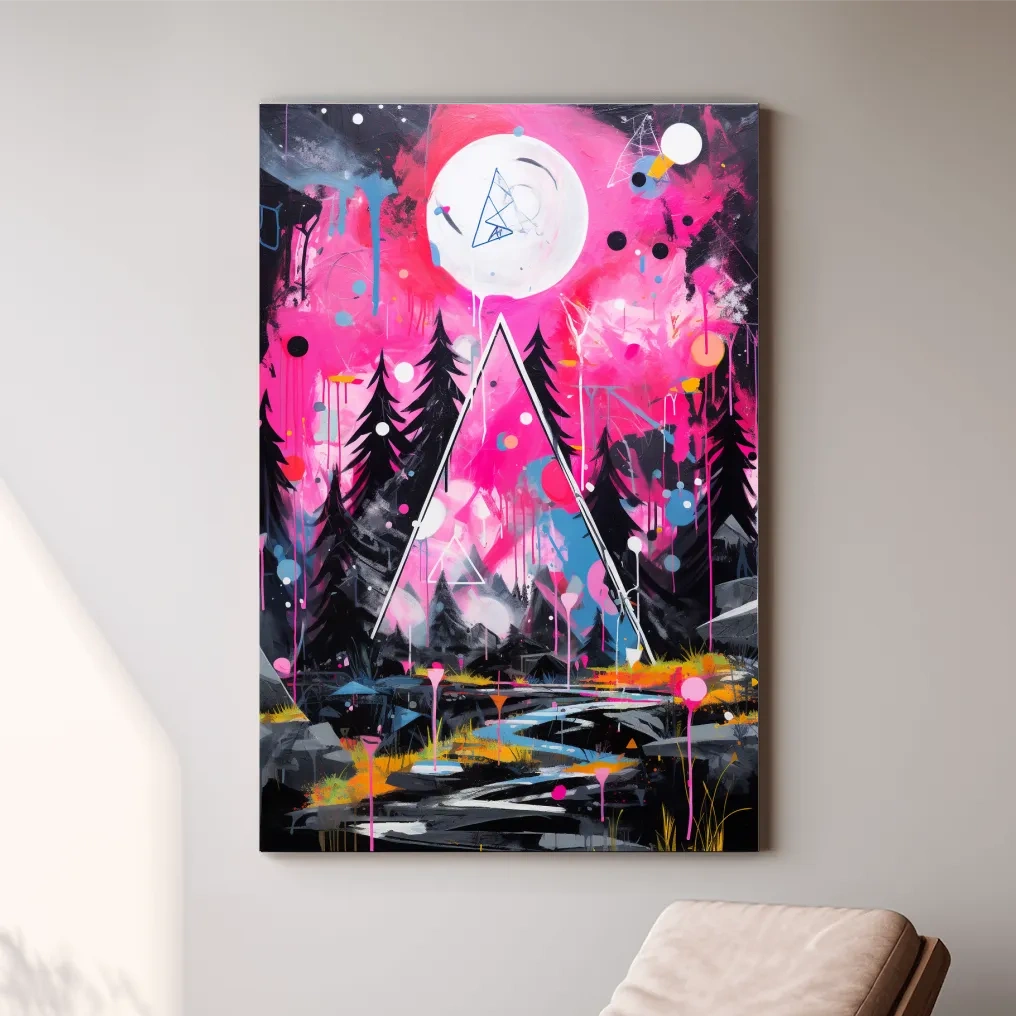 Pink and black abstract energetic art of a forest