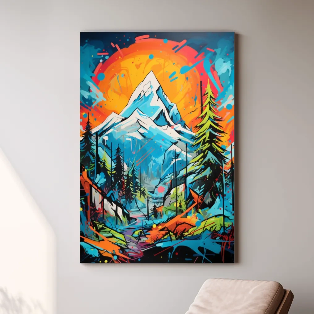 Graffitti inspired art of sunset over a glacier, vibrant wall art