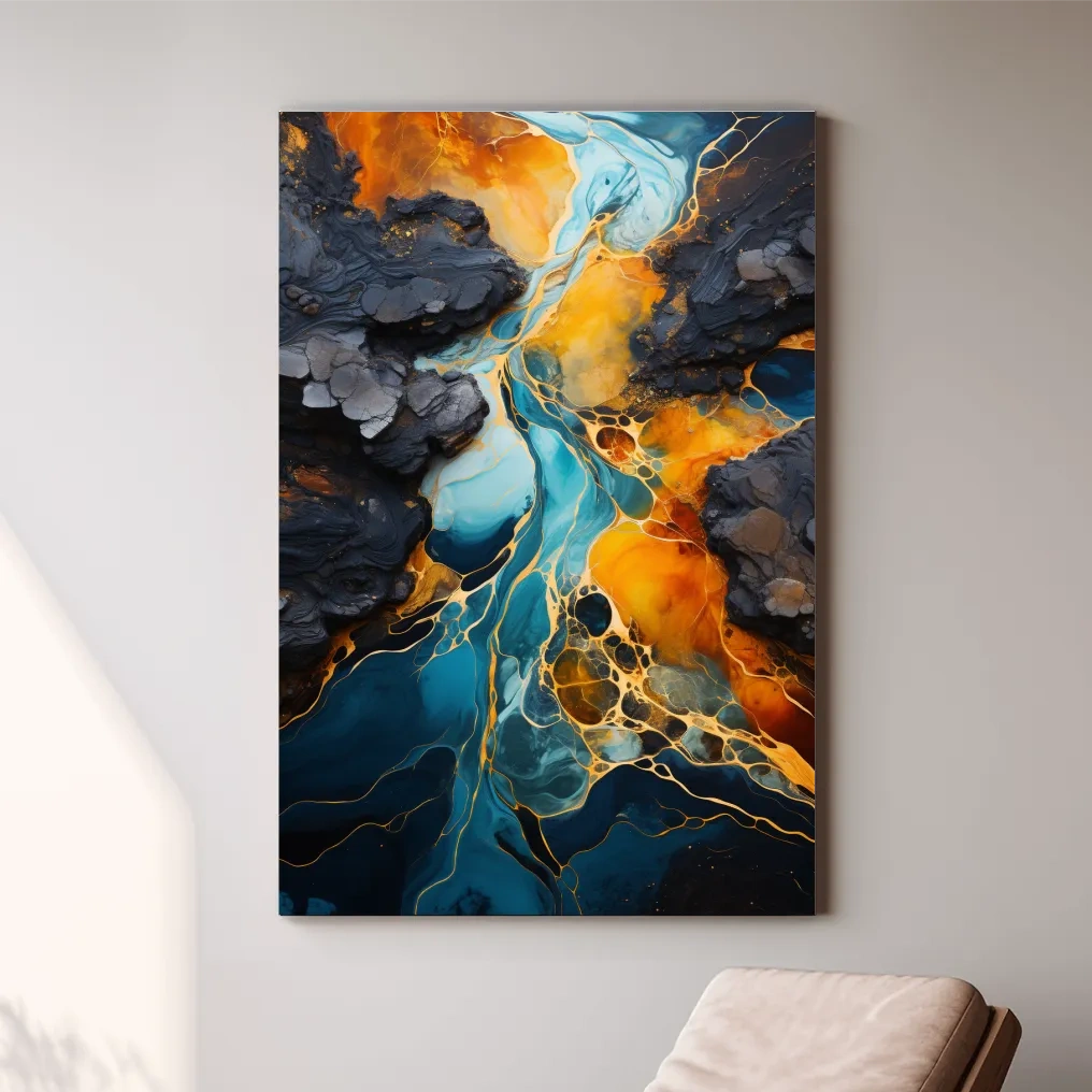Elegant Gold And Teal Abstract Flowinf River - Alcohol Ink Style Wall Art