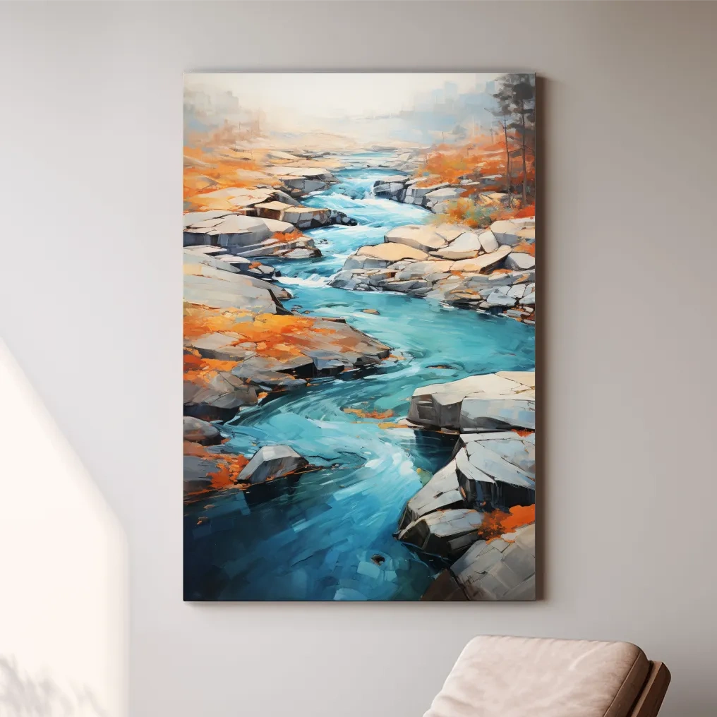 Serene painting of a river flowing through the rocks in fall