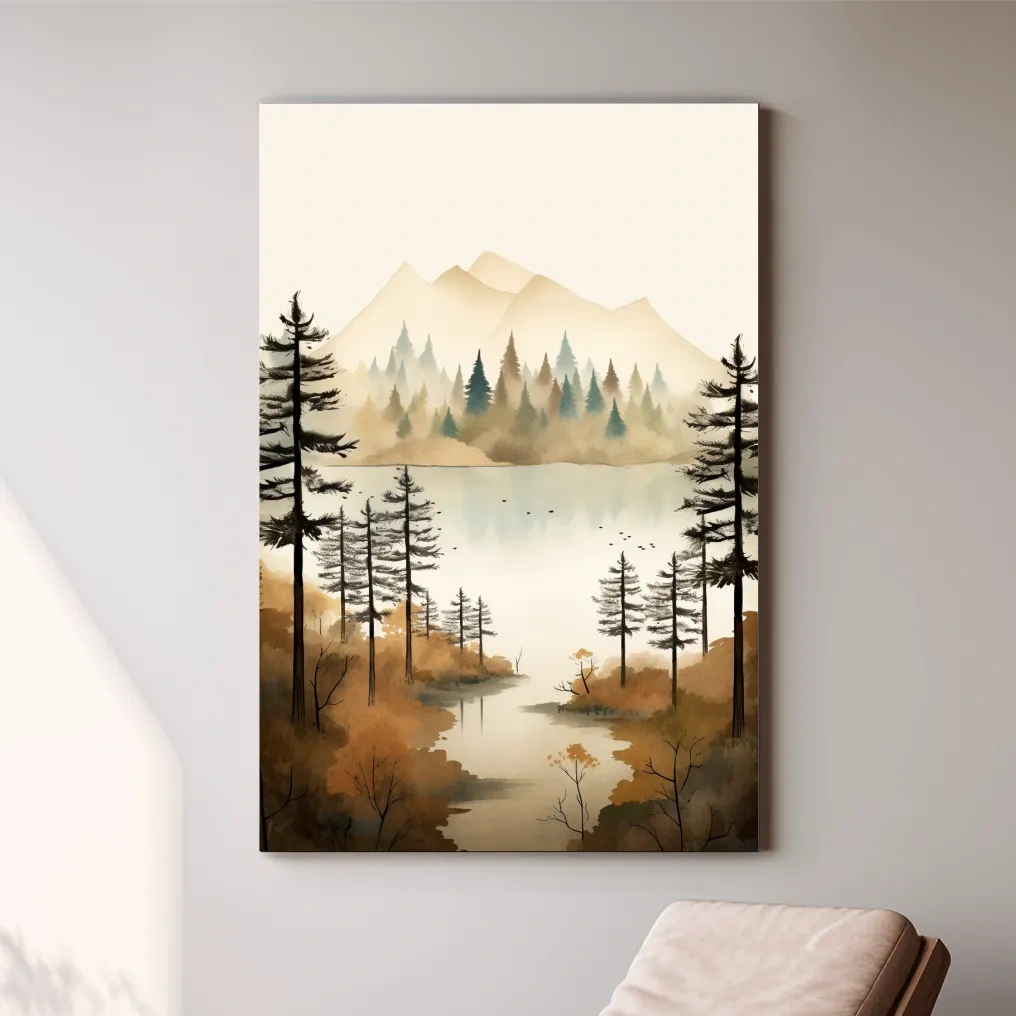 Watercolour landscape art, lakeside forest scenery in fall