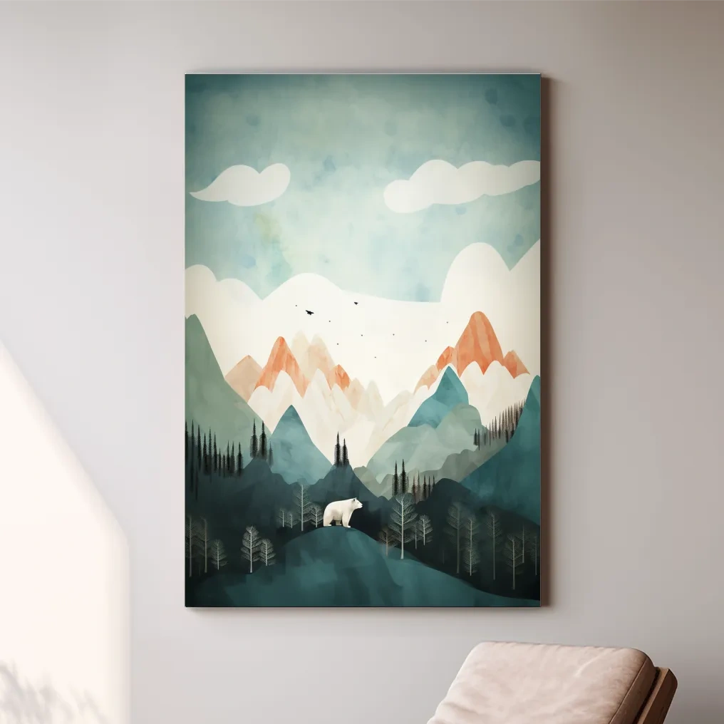 Whimsical Bear Alpine Mountain Landscape - Childrens Nursery Wall Art