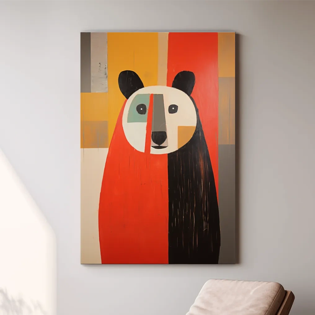 Bold Geometric Bear Portrait Painting - Quirky Abstract Animal Wall Art