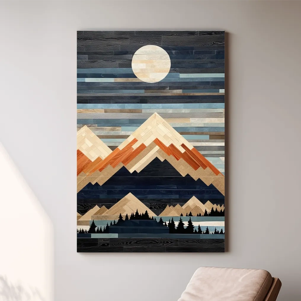 Geometric Wood Mosaic Mountain Range Under Full Moon - Modern Rustic Landscape Wall Art