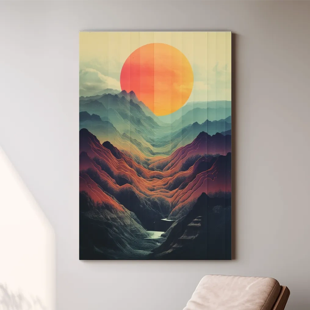 Illustrative art of a layered mountainous valley at sunset