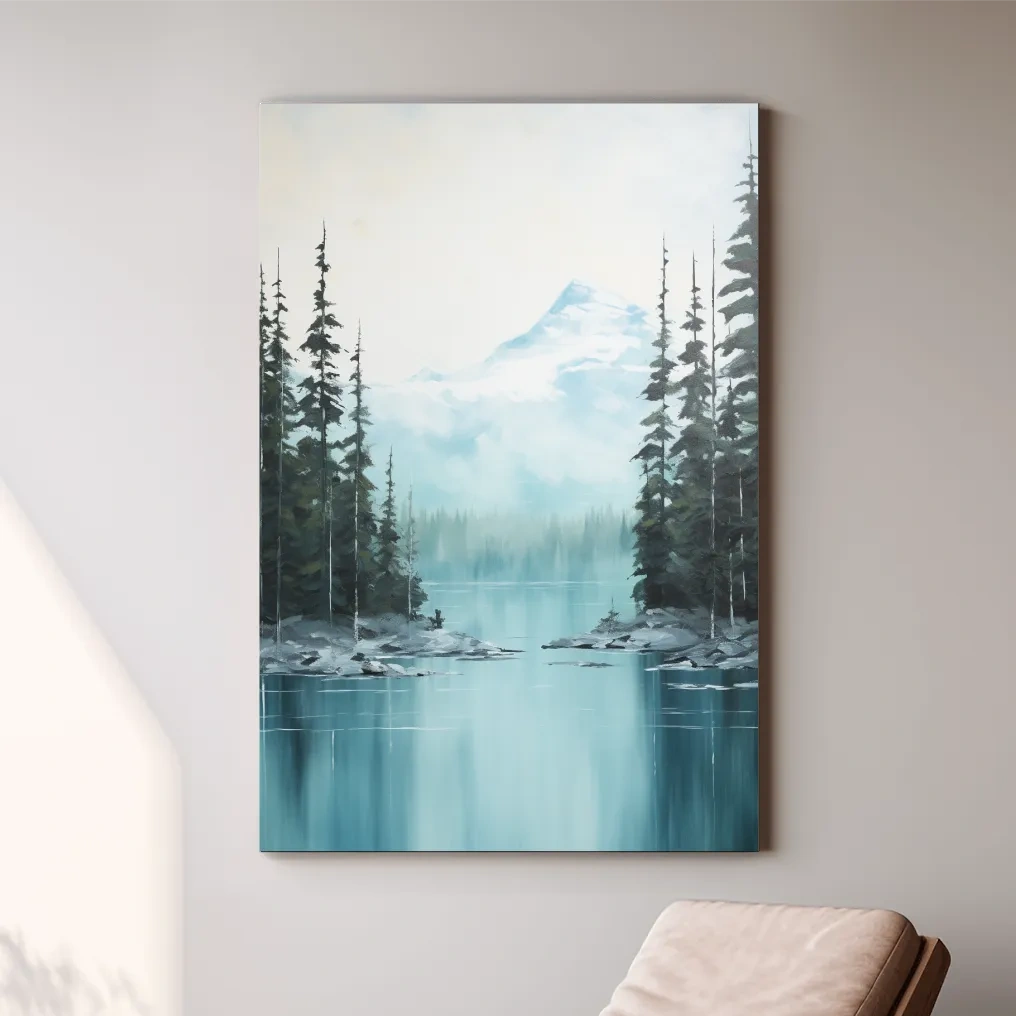 Serene painting of a turquoise Canadian alpine lake