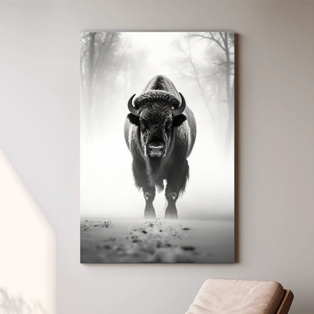 Black and white photo of a bison walking on snow