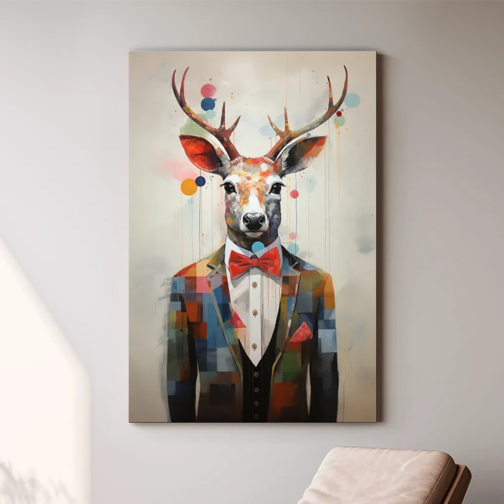 Dapper Watercolor Deer Tuxedo Portrait - Colorful Modern Wildlife Wall Art