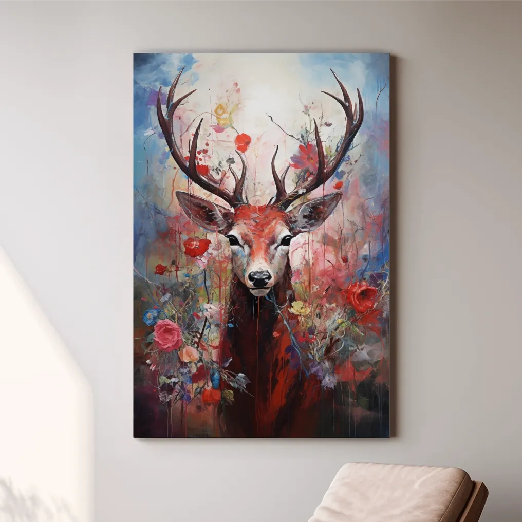 Floral painting of a deer, vibrant wall art